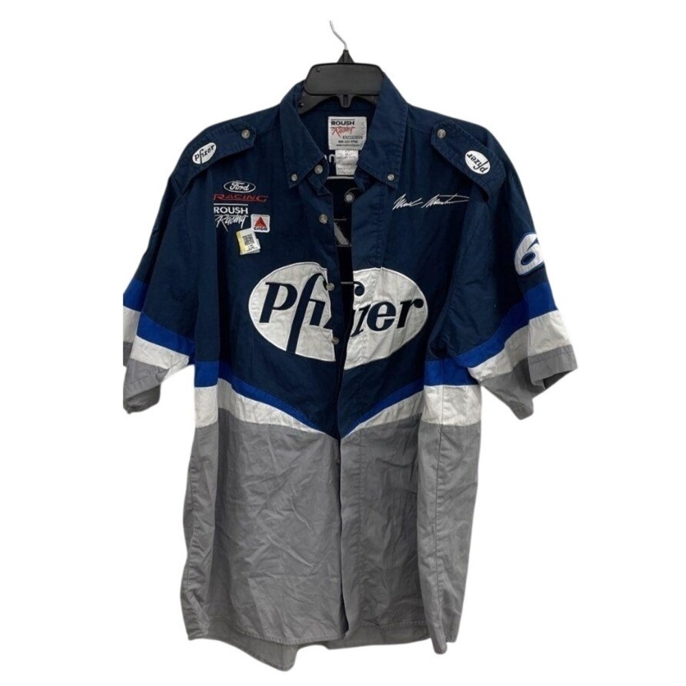 Roush Racing Mark Martin Pfizer Ford Racing Blue Cotton Pit Shirt Mens Medium